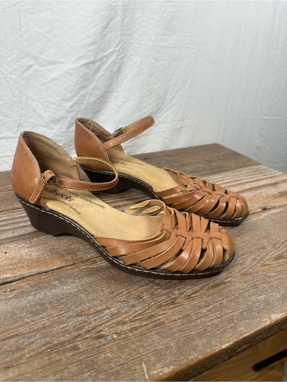 Softspots Tan Woven Leather Ankle-Strap Sandals